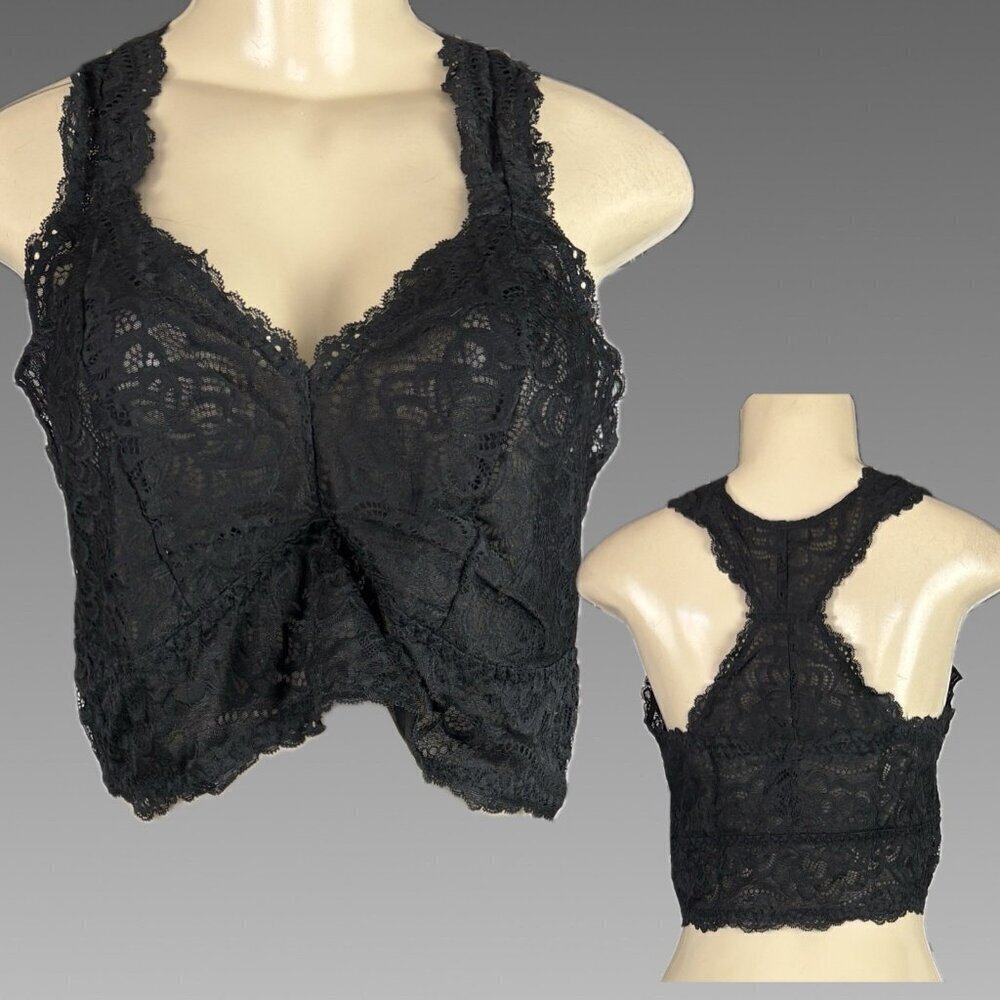 Torrid XL Black Sheer Lace V-Neck Scallop Edges Fixed Straps Racerback Bralette